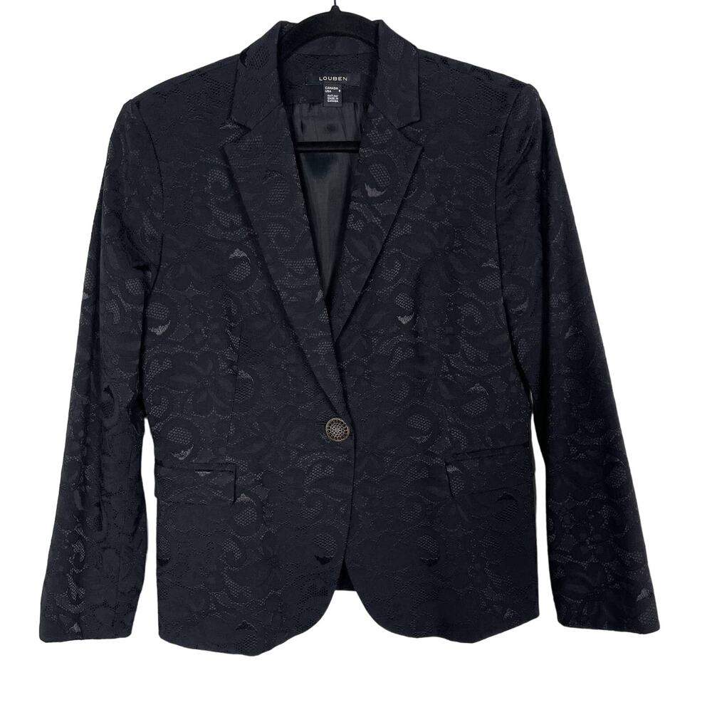 Louben Size 8 Black Lace Single Button Notch Blazer Cotton Stretch Back Vent